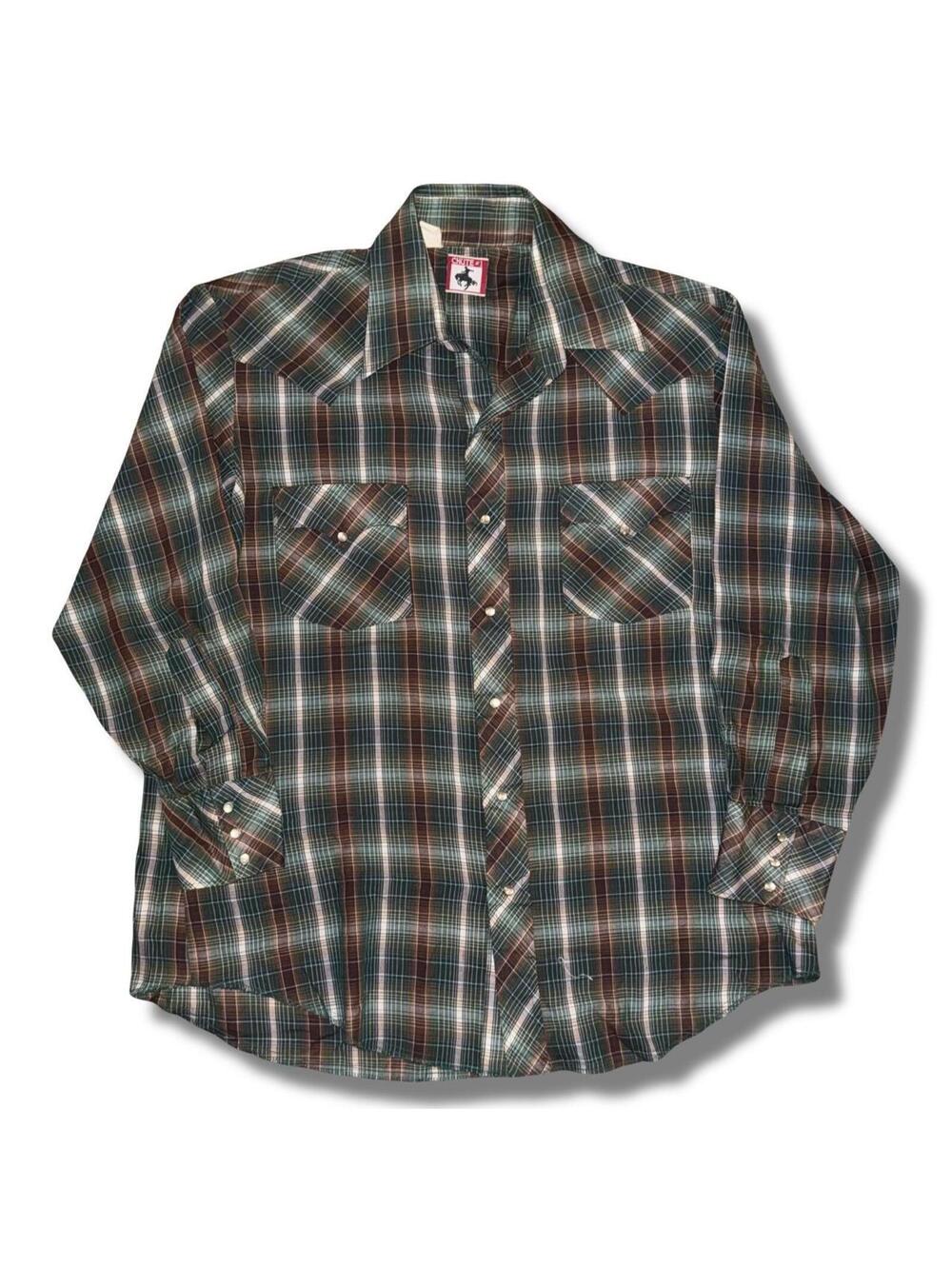 Vintage 70s / 80s Chute #1 Pearl Snap green plaid tartan button up shirt Size L